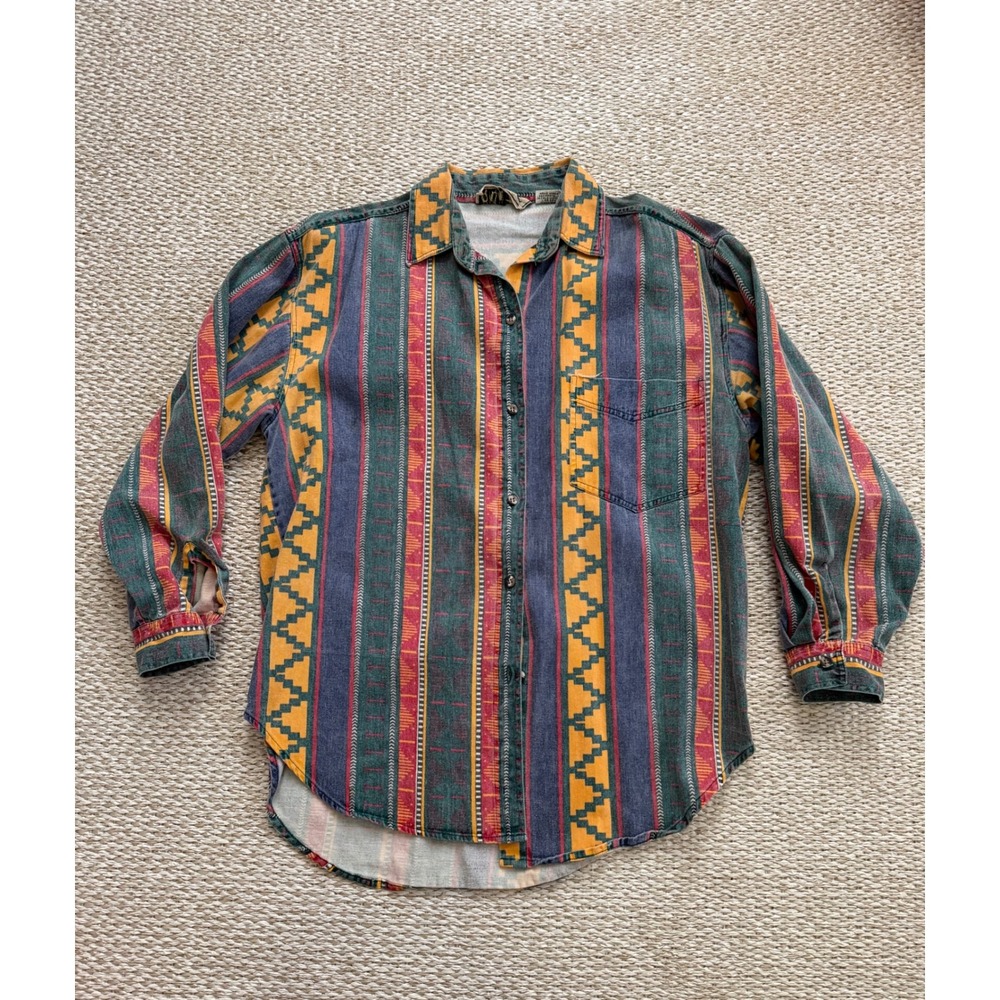 Quizz Mens Vintage Southwestern Cotton Button Down Shirt aztec Nepal Medium